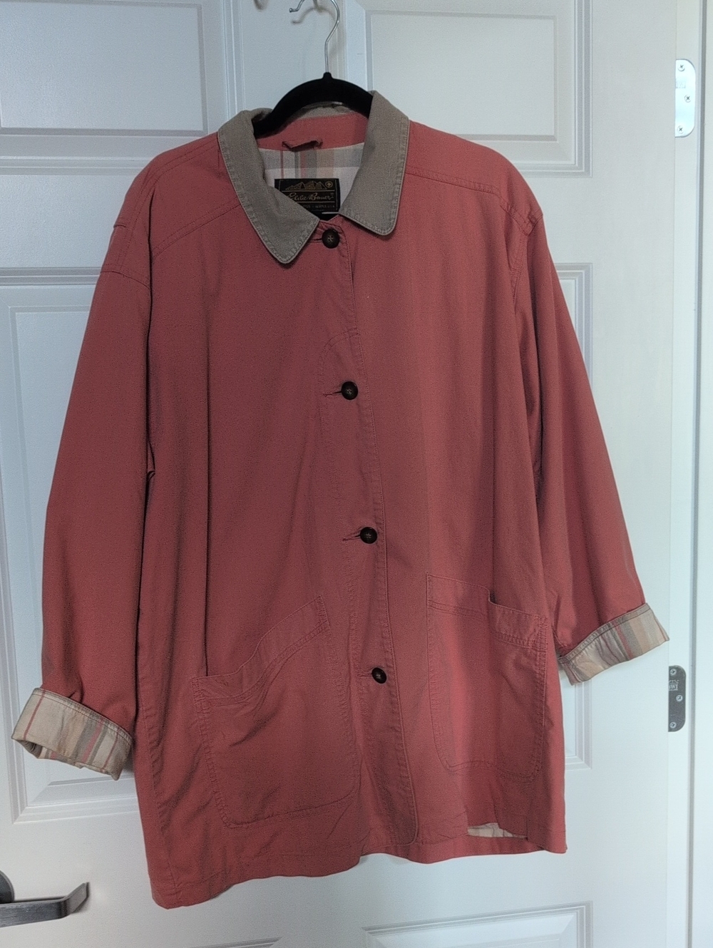 Vintage 90's Eddie Bauer Coral Barn Coat with Contrast Plaid Print
